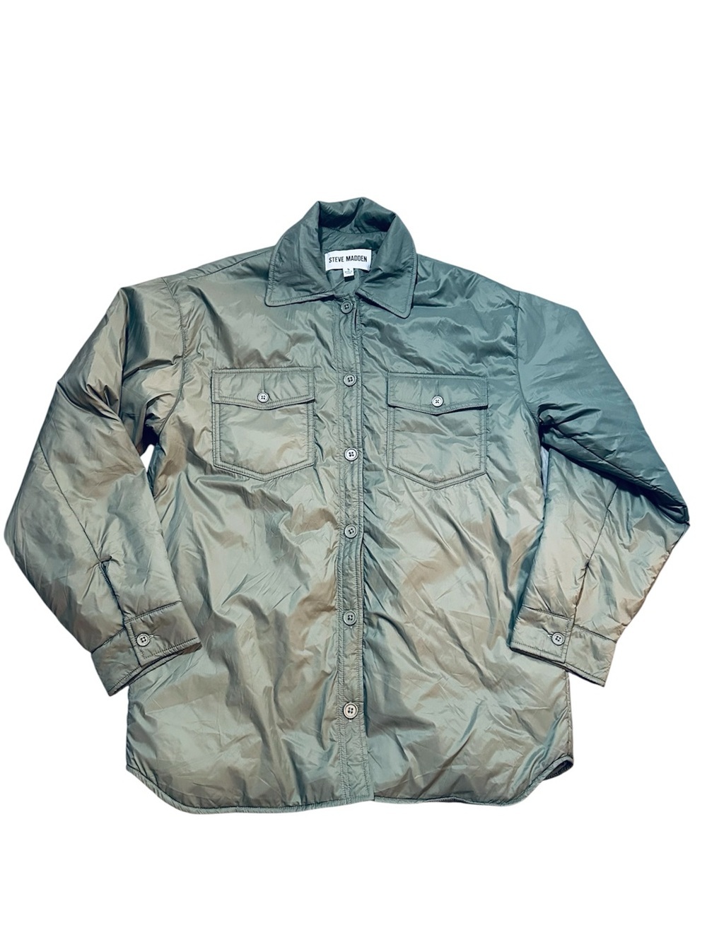 Steve Madden Olive Green Lightweight Quilted Puffer Shirt Jacket Shacket Sz S